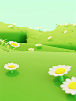 3d illustration of an area with green grasses with yellow daisies, in the style of kawaii, neo-geo minimalism, 32k uhd, illustration, ceramic, earthworks, wallpaper