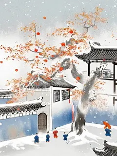 奇域 - 个人中心  意境水墨，画面一侧一颗大树 ，江南，院子，江南建筑的房子，小院，2个小孩子在院子里嬉戏玩闹，上部分大量留白，蓝色，橙红，冬日暖阳，禅意，白雪，视觉冲击力，唯美意境，淡彩，极简构图，高角度拍摄，高清
