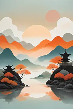 新中式国风扁平山水意境插画