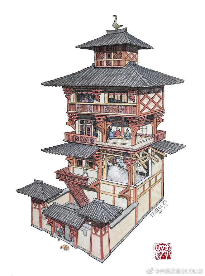 （东汉五层灰仓陶楼）/汉代是中国传统木架建筑的大发展时期，然而现存的汉代地上建筑除了少数石质祠堂陵阙以外，汉代木架建筑的实物早已灭失不存。 从 ...