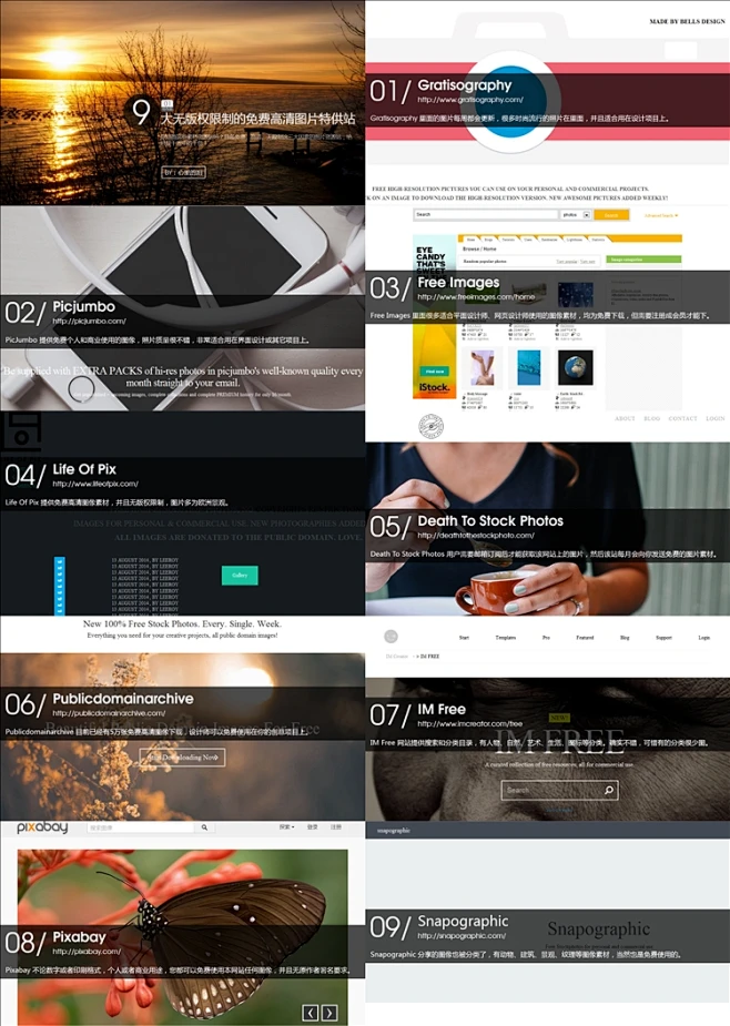 对于网页设计师、平面设计师、PPT设计师来说，图片素材是十分重要的，特别是无版权限制的素材。虽然国内有很多素材下载站，但是大部分都没有版权描述，这样会让用户不知道是否可以免费使用这些素材。
 
没关系，今天我将为大家分享9大免费图片素材资源站，这些网站的图片质量相当高，大部分为高分辨率（高解析），并且，最重要的是，它是免费的，无版权限制哦！具备免费、高清、无限制这三大因素的图片资源站绝对是干货中的干货！#PPT##实用PPT##大气PPT##简约PPT##工作PPT##汇报PPT##总结PPT##