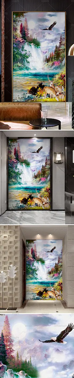 北欧唯美山水瀑布麋鹿玄关过道背景墙