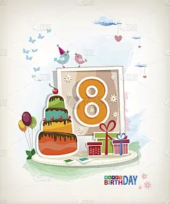 第八个生日贺卡。生日蛋糕和照片