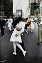 General 856x1280 men photography portrait display vintage colorized photos street women white dress kissing New York City marines soldier smiling people crowds building Times Square USA 1945