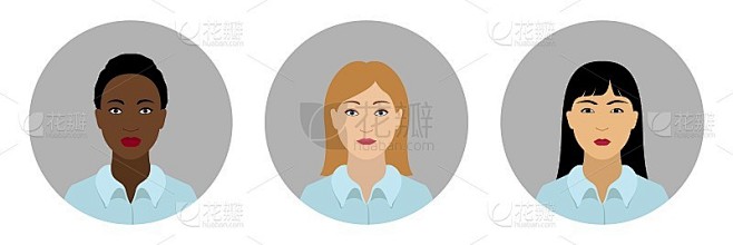 一组女性图标。白种人，非裔美国人和亚裔女性。向量