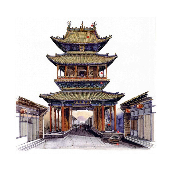 中国古建筑素材 古风场景房屋线稿水彩插画...