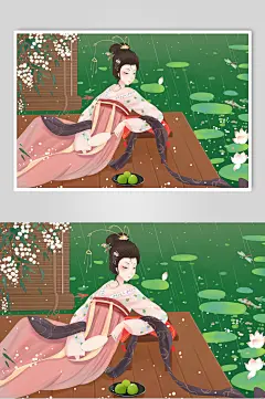 清新绿黄花朵大气高端古风美女插画