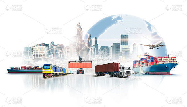 全球商务物流进出口以白背景货物和集装箱货...