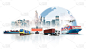 全球商务物流进出口以白背景货物和集装箱货轮运输为理念