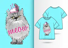 小猫咪手绘可爱T恤印花插画图案矢量图素材