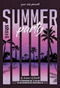 This may contain: a flyer for a summer party with palm trees and the sun setting in the background