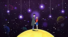 手绘风创意高级感月亮情侣插画素材