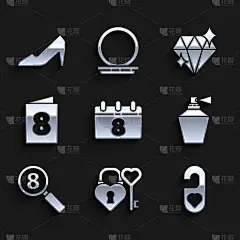 3月8日日历，心形城堡和钥匙，请勿打扰，香水，搜索，贺卡，钻石和女人鞋图标。向量