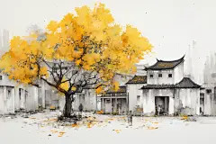 水墨建筑插画绘画