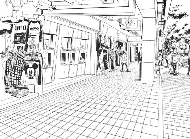 现代建筑场景线稿图片黑白cg二次元漫画背景参考城市街道背景线条