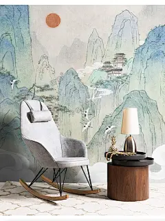 Katiya中式轻奢山水画仙鹤复古电视背景墙壁纸客厅高档壁画手绘布-淘宝网