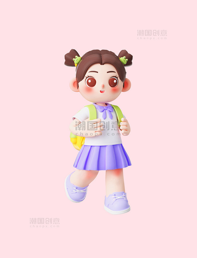 3D立体开学开学季儿童小学生女孩人物背书...