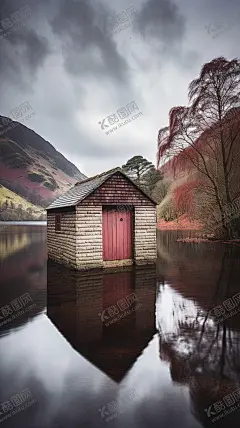 倒影 【酷图网】风景,风景画,小屋,倒影,湖水,山峰,树木,高清,壁纸,手机壁纸,