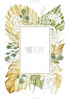 水彩花和尘埃叶框架。奢华的热带波西米亚插画时尚风格的婚礼邀请，母亲节，海报，横幅。夏天的背景。