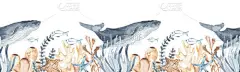水下生物，鲸，鱼，藻类，珊瑚，海星，用于印刷水彩画无缝边界