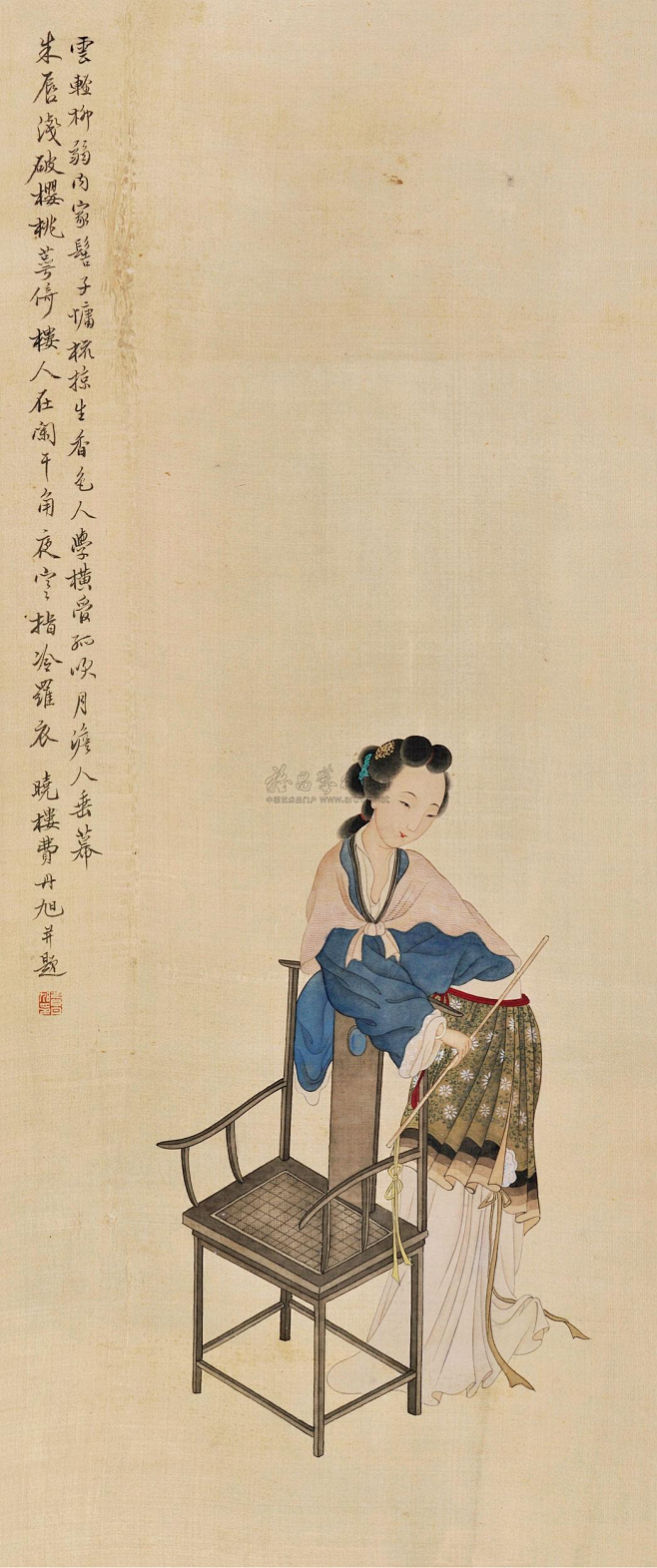 费丹旭——《持箫仕女》【云轻柳弱。内家髻子慵梳掠。生香色人学横。管孤吹，月淡天垂幕。朱唇浅破樱桃萼。倚楼人在阑干角。夜寒指冷罗衣薄。声入霜林 ...