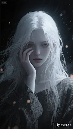 jimeng-2025-09-11-7818-黑暗艺术，人物插画，透亮，oc渲染，弥散粒子。光影运用，大师级审美。白色长发美女