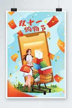 蓝色白色红色扁平风双十一购物节主题插画