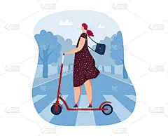 主动出租，太阳人在电器行，矢量插图。生态电动技术车，卡通男女人物在电动滑板车上