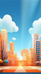 City with cartoon background, There is a blue sky, There are white clouds, Warm tones, Look up from a visual angle, close-up shot, OC rendering, Epic light and shadow, bright, c4d, 3D