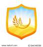 Orange Badge in form of a Shield with Farm Field of Wheat, Vector Illustration isolated on white.