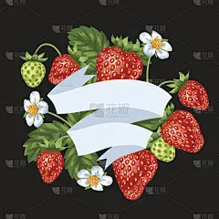 背景红草莓。浆果和树叶的插图