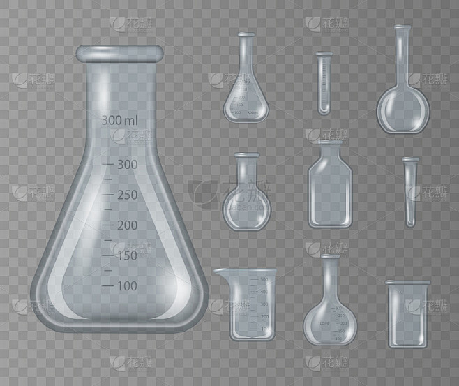 逼真的3D化学实验室烧杯，玻璃烧瓶。