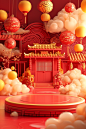 A cute 3D cartoon illustration, a circular square in the front, the background is fashion chinese building, 3D Pixar style, bright light, minimalist, low-angle, grand Spring Festival celebration,vibrant stage backdrop