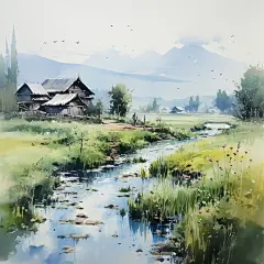 (1/4)一幅以日本传统风格绘制的山水场景水彩画，草地被山脉环绕，迷人而宁静的乡村景色，饱和的色彩池，超高清图像，描绘了乡村生活场景(AI绘图来自WeDraw.art)