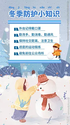 蓝色简约插画冬季防护知识海报