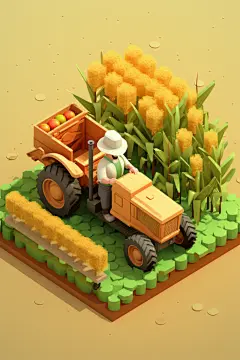 庄稼收割拖拉机现代科技农业卡通小模型插画