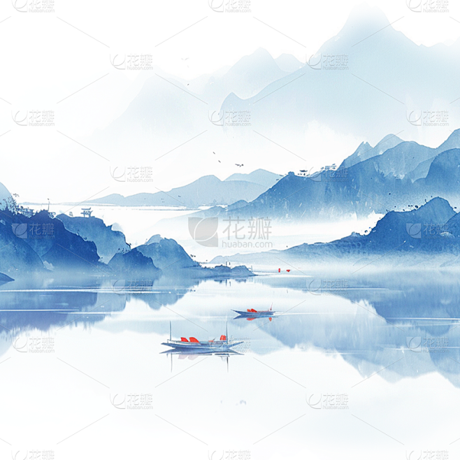 中国风通用蓝色水墨山水组合元素素材