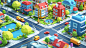 A 3D low poly, cartoony city map, small-scale urban layout with colorful buildings, miniature park, and cute vehicles. Created Using: vibrant colors, simplified cityscape, playful design, clear roads, cartoonish vehicles, small city park with pond, X prom