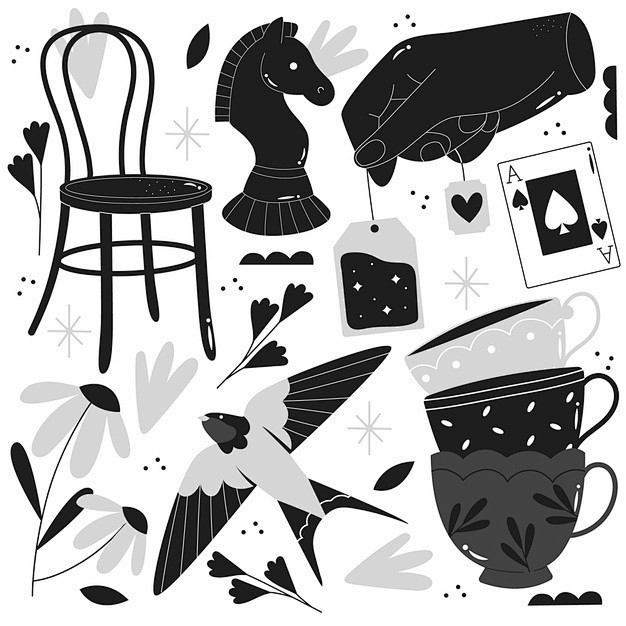 国际象棋椅子燕子咖啡杯扑克牌手绘黑白插画...