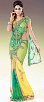 Yellow and Green Net Lehenga Style Saree With Blouse