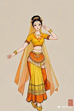 古风工笔画，西游记古风人物，异域舞女，新国风插画，简单背景，古风，全身立绘，比例 「2_3」