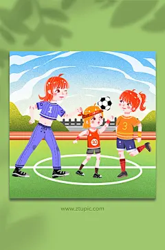 扁平化卡通运动比赛亲子踢足球人物插画