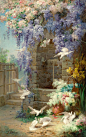 紫藤 19世纪法国画家欧仁·比道（Eugène Bidau，1839-1899）在1896年的作品 “春”，为我们展示了一张美妙而灿烂的春景图：郁郁葱葱的紫藤和樱花垂在古老的砖井之上、白鸽三两成群共筑爱巢，石阶上的木栅栏打开着，仿佛是通往另一个秘密花园的小径，细腻的花卉纹理描绘，鲜亮明快的色彩，令人仿佛身在一场明 ​​​​...展开全文c