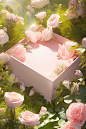 a pink box surrounded by white roses, in the style of nature-inspired imagery, smooth surfaces, sun-kissed palettes, realistic trompe-l'oeil, uhd image, spatial, flat form