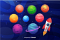 Flat planet collection with space rocket Free Vector