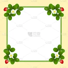 绿色边框，饰红草莓、绿叶、白花