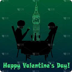 情人节快乐。爱的象征。伦敦的浪漫晚餐。矢量图标。