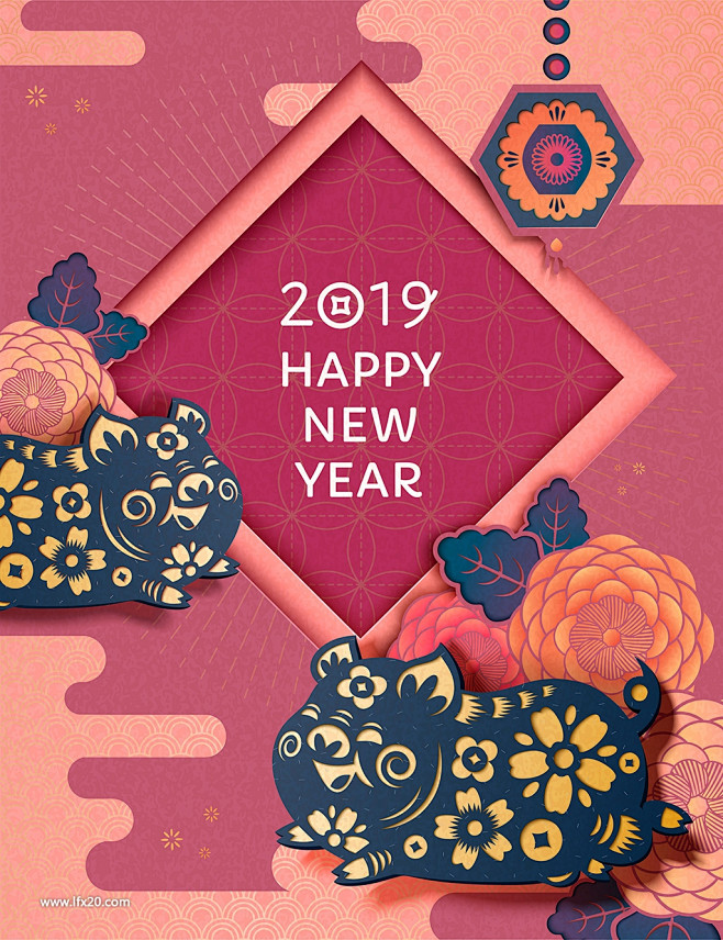 中国传统新年剪纸花纹猪年2019春节灯笼...