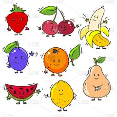 一组五颜六色的浆果和水果, 脸, 手和脚的设计。梅、橙、柠檬、西瓜、樱桃、香蕉、草莓片的形象.