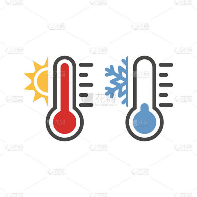 带有太阳和雪花图标的温度计.Vector weather symbol set for warm,
